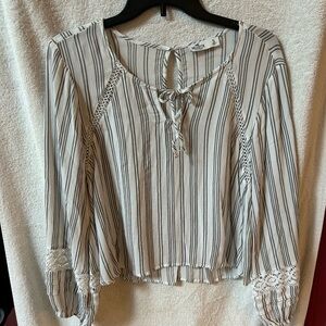 Hollister Grey and White Striped Blouse with Lace Accents